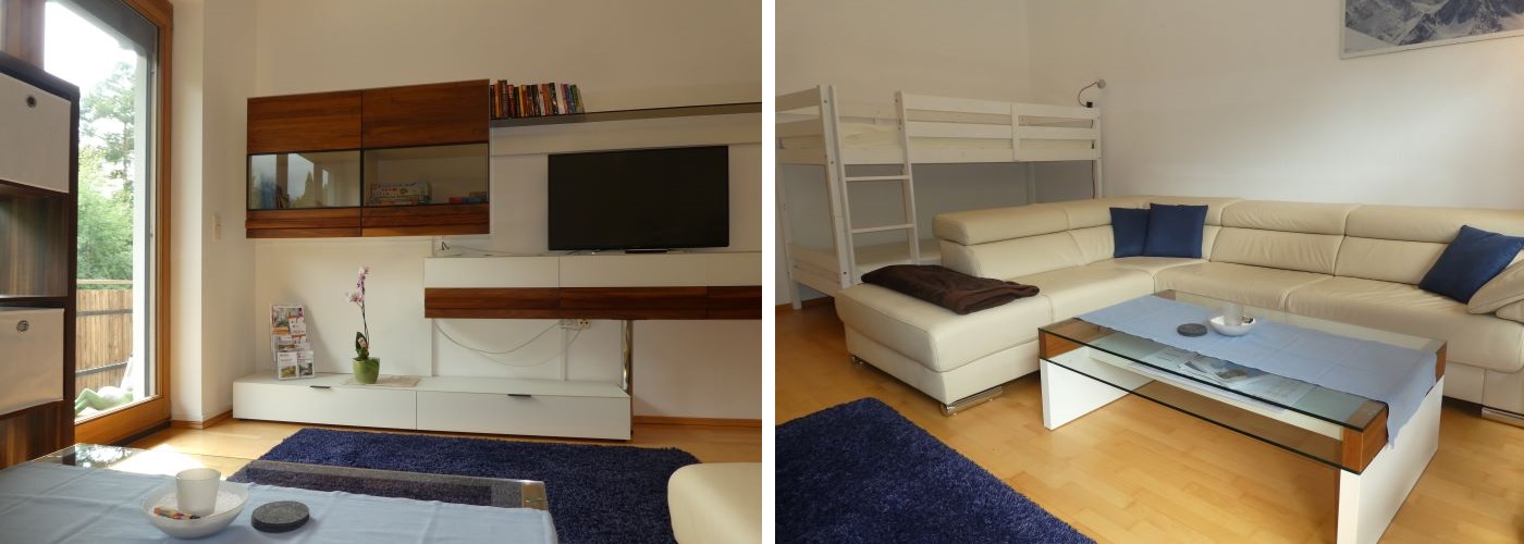 Heller Wohnraum mit Couch und TV Fewo Zum Glück im Ötztal Wohnzimmer TV Etagenbett Zum Glueck